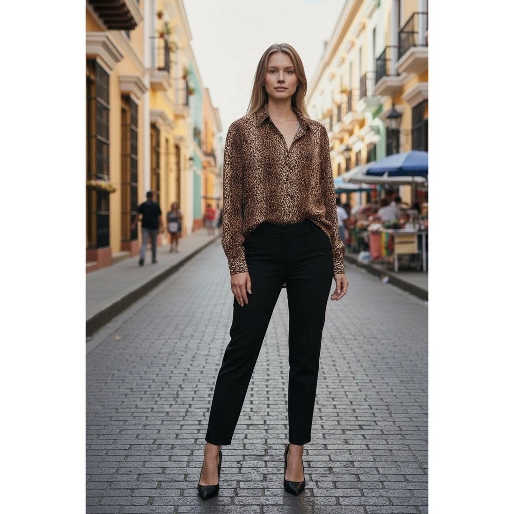 VTG: Two-Two Long‎ Sleeve Blouse Shirt 100% Silk leopard Print Black Mix SMALL